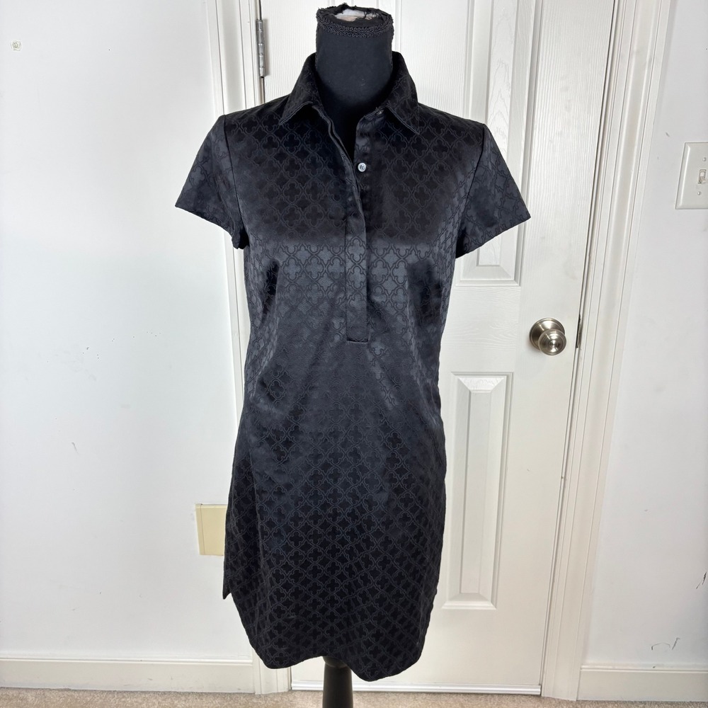 Ann Taylor Black Quatrefoil Jacquard Shift Dress Short Sleeve Collared Size 4